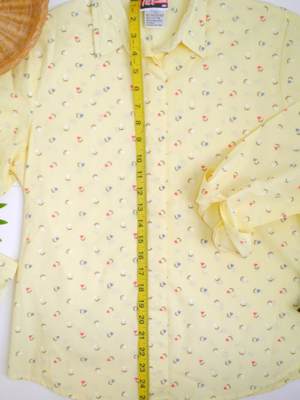 Vintage 1980s Butter Yellow Tulips Ditsy Floral Button Down Blouse Shirt 80's L - Picture 6 of 8